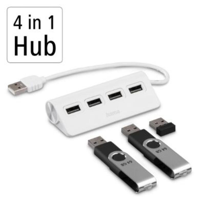 Hama 4 Port USB 2.0 USB A  Hub, USB Powered, 8.9 x 3.8 x 2.2cm