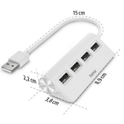 Hama 4 Port USB 2.0 USB A  Hub, USB Powered, 8.9 x 3.8 x 2.2cm