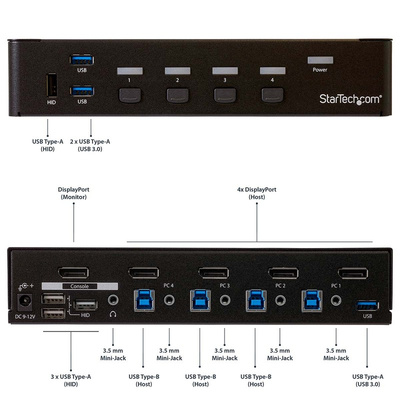 StarTech.com 4 Port USB DisplayPort KVM Switch, 3.5 mm Stereo 3840 x 2160 Maximum Resolution