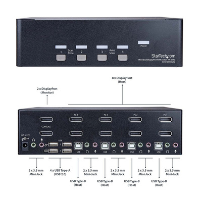 StarTech.com 4 Port Dual Monitor USB DisplayPort KVM Switch, 3.5 mm Stereo 3840 x 2160 Maximum Resolution