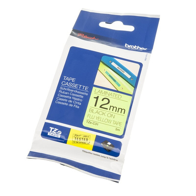 Brother Black on Fluorescent yellow Label Printer Tape, 5 m Length, 12 mm Width