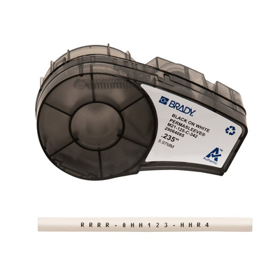 Brady B-342 PermaSleeve Black on White Label Printer Tape, 2.13 m Length, 5.97 mm Width, 6mm Label Length