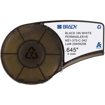 Brady B-342 PermaSleeve Black on White Label Printer Tape, 2.13 m Length, 16.38 mm Width, 16.4mm Label Length