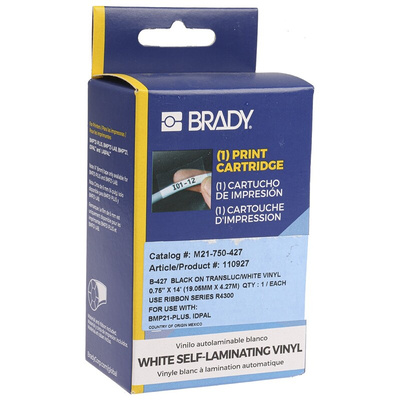 Brady B-427 Self-laminating Vinyl Black on White/Transparent Label Printer Tape, 4.27 m Length, 19.05 mm Width