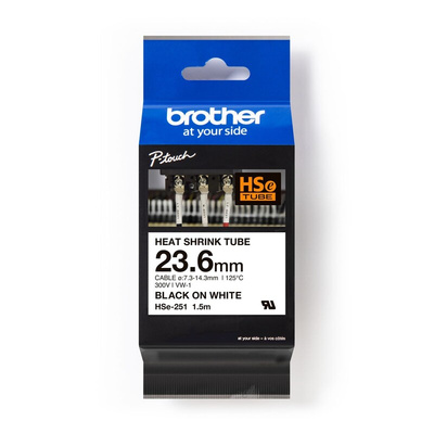 Brother HSE Black on White Label Printer Tape, 1.5 m Length, 23.6 mm Width