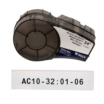 Brady B-414 BradyGrip Black on White Label Printer Tape, 3.048 m Length, 19.05 mm Width