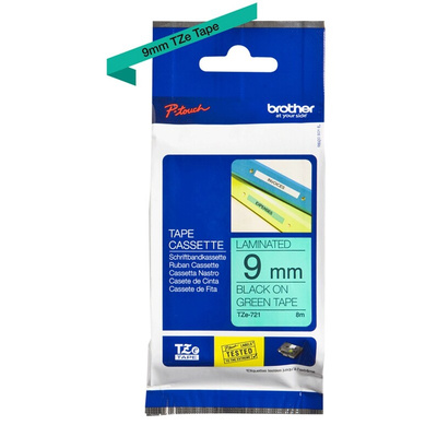 Brother Black on Green Label Printer Tape, 8 m Length, 9 mm Width