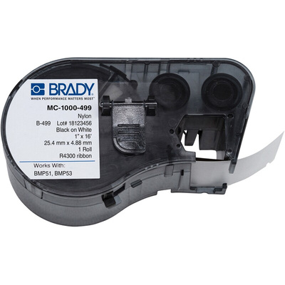 Brady B-499 Nylon Cloth Black on White Label Printer Tape, 4.88 m Length, 25.4 mm Width