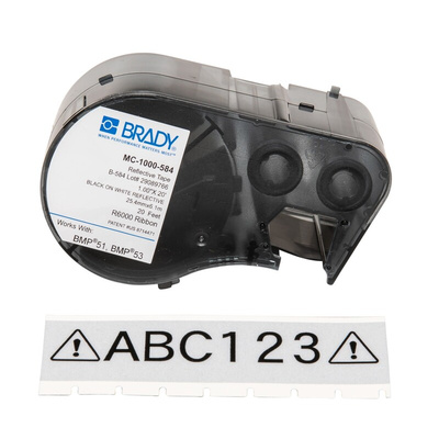 Brady B-584 Reflective Black on White Label Printer Tape, 6.1 m Length, 25.4 mm Width