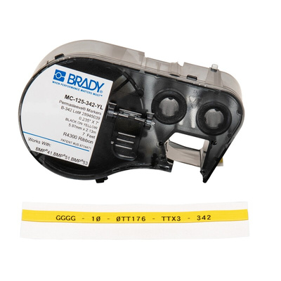 Brady B-342 PermaSleeve Black on Yellow Label Printer Tape, 2.13 m Length, 5.97 mm Width