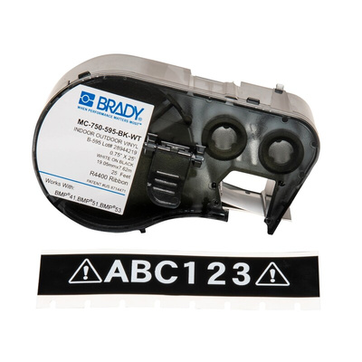 Brady B-595 Vinyl White on Black Label Printer Tape, 7.62 m Length, 19.05 mm Width