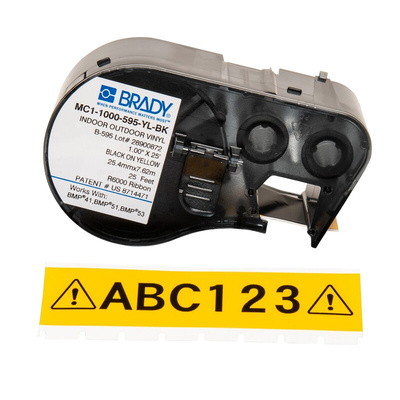 Brady B-595 Vinyl Black on Yellow Label Printer Tape, 7.62 m Length, 25.4 mm Width