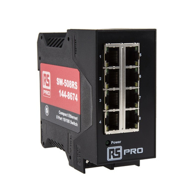 RS PRO DIN Rail Mount Ethernet Switch, 8 RJ45 Ports, 10/100Mbit/s Transmission
