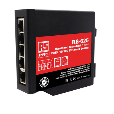 RS PRO DIN Rail Mount Ethernet Switch, 5 RJ45 Ports, 10/100Mbit/s Transmission, 57V dc