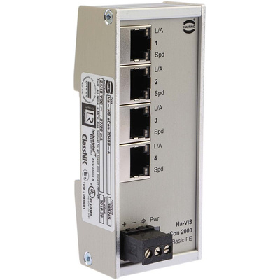 HARTING DIN Rail Mount Ethernet Switch, 4 RJ45 Ports, 10/100Mbit/s Transmission, 28/48V dc