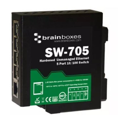 Brainboxes DIN Rail Mount Ethernet Switch, 5 RJ45 Ports, 100Mbit/s Transmission, 5 → 30V dc
