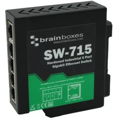 Brainboxes DIN Rail Mount Ethernet Switch, 5 RJ45 Ports, 1000Mbit/s Transmission, 5 → 30V dc