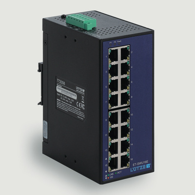 F Lutze Ltd DIN Rail Mount Unmanaged Ethernet Switch, 16 RJ45 Ports, 10/100Mbit/s Transmission, 12 → 48V dc