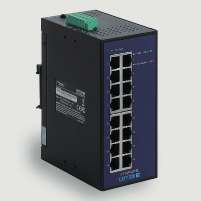 F Lutze Ltd DIN Rail Mount Unmanaged Ethernet Switch, 16 RJ45 Ports, 1000Mbit/s Transmission, 12 → 48V dc
