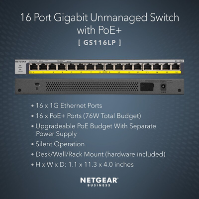 Netgear GS108LP, Unmanaged 16 Port Ethernet Switch With PoE