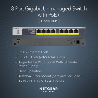 Netgear GS108LP, Unmanaged 8 Port Ethernet Switch With PoE