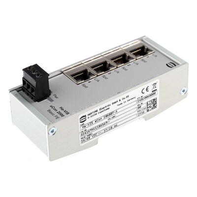 HARTING DIN Rail Mount Ethernet Switch, 4 RJ45 Ports, 10/100Mbit/s Transmission, 24V dc