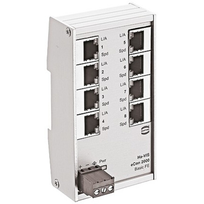 HARTING DIN Rail Mount Ethernet Switch, 8 RJ45 Ports, 10/100Mbit/s Transmission, 24V dc