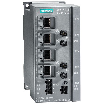 Siemens SCALANCE X204-2LD Series DIN Rail, Wall Ethernet Switch, 4 RJ45 Ports, 10/100Mbit/s Transmission, 24V dc