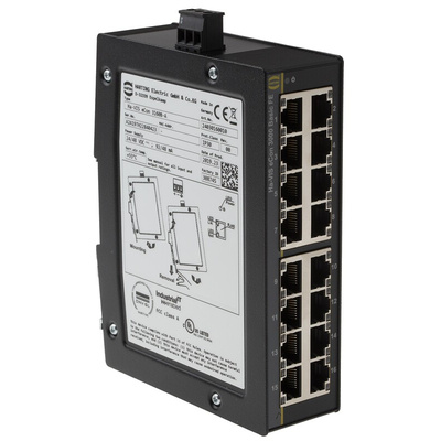 HARTING DIN Rail Mount Unmanaged Ethernet Switch, 16 RJ45 Ports, 10/100Mbit/s Transmission, 48V dc