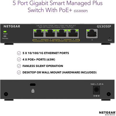 Netgear GS305EP, Smart 5 Port Ethernet Switch With PoE