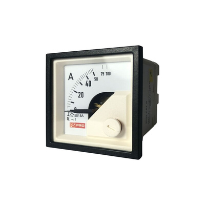 RS PRO Analogue Panel Ammeter 10 (Input) A, 100 (Scle) A, 50/5 (CT) A AC, 45mm x 45mm, 1 % Moving Iron