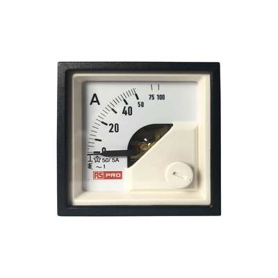RS PRO Analogue Panel Ammeter 10 (Input) A, 100 (Scle) A, 50/5 (CT) A AC, 45mm x 45mm, 1 % Moving Iron