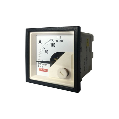 RS PRO Analogue Panel Ammeter 10 (Input) A, 100/5 (CT) A, 200 (Scle) A AC, 45mm x 45mm, 1 % Moving Iron