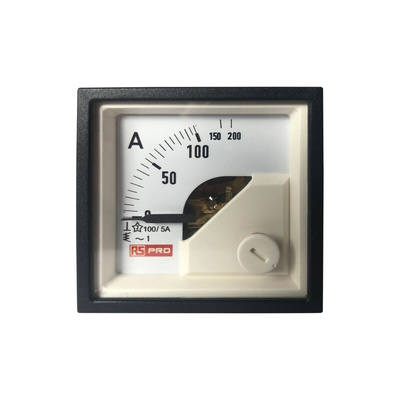 RS PRO Analogue Panel Ammeter 10 (Input) A, 100/5 (CT) A, 200 (Scle) A AC, 45mm x 45mm, 1 % Moving Iron