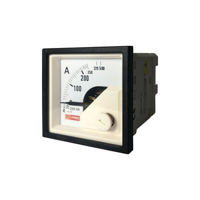 RS PRO Analogue Panel Ammeter 10 (Input) A, 250/5 (CT) A, 500 (Scle) A AC, 45mm x 45mm, 1 % Moving Iron