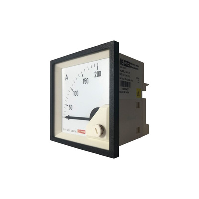 RS PRO Analogue Panel Ammeter 200 (Scle) A, 200/5 (CT) A, 5 (Input) A AC, 68mm x 68mm, 1 % Moving Iron