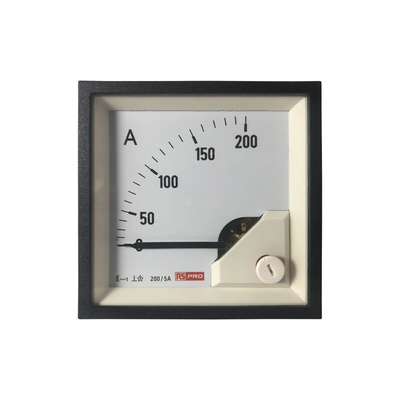 RS PRO Analogue Panel Ammeter 200 (Scle) A, 200/5 (CT) A, 5 (Input) A AC, 68mm x 68mm, 1 % Moving Iron