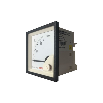RS PRO Analogue Panel Ammeter 10 (Input) A, 100 (Scle) A, 50/5 (CT) A AC, 68mm x 68mm, 1 % Moving Iron