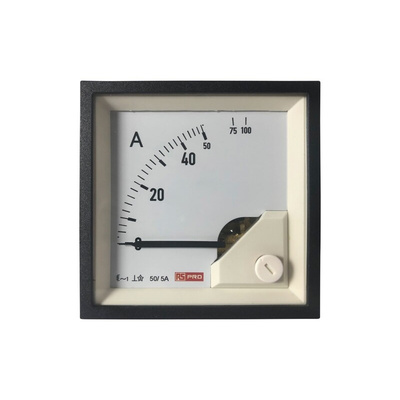 RS PRO Analogue Panel Ammeter 10 (Input) A, 100 (Scle) A, 50/5 (CT) A AC, 68mm x 68mm, 1 % Moving Iron