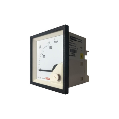 RS PRO Analogue Panel Ammeter 10 (Input) A, 100/5 (CT) A, 200 (Scle) A AC, 68mm x 68mm, 1 % Moving Iron
