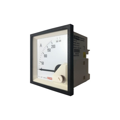 RS PRO Analogue Panel Ammeter 10 (Input) A, 200/5 (CT) A, 400 (Scle) A AC, 68mm x 68mm, 1 % Moving Iron