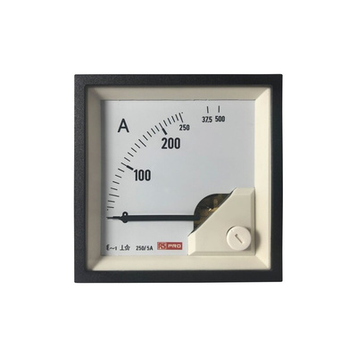 RS PRO Analogue Panel Ammeter 10 (Input) A, 250/5 (CT) A, 500 (Scle) A AC, 68mm x 68mm, 1 % Moving Iron