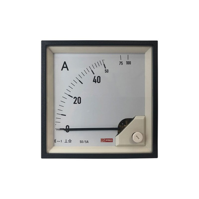 RS PRO Analogue Panel Ammeter 10 (Input) A, 100 (Scle) A, 50/5 (CT) A AC, 92mm x 92mm, 1 % Moving Iron