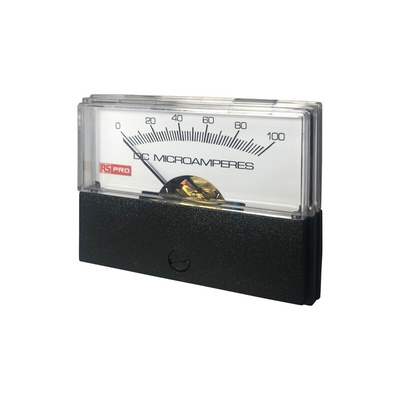 RS PRO Analogue Panel Ammeter 100 (Input)μA DC, 57mm x 44mm, ±1.5 % Moving Coil