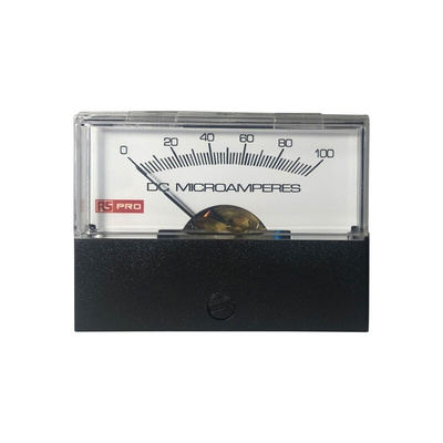 RS PRO Analogue Panel Ammeter 100 (Input)μA DC, 57mm x 44mm, ±1.5 % Moving Coil