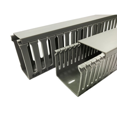 RS PRO Grey Slotted Panel Trunking - Open Slot, W75 mm x D75mm, L1m, PVC