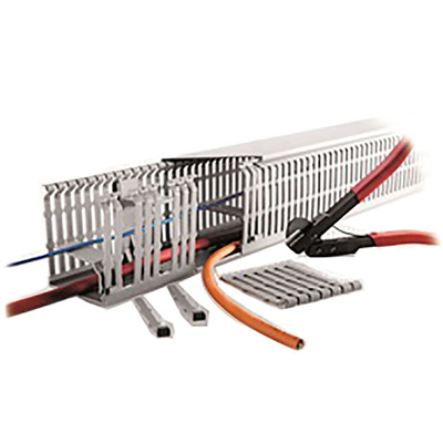 RS PRO Grey Slotted Panel Trunking - Open Slot, W40 mm x D80mm, L2m, Halogen Free PC/ABS