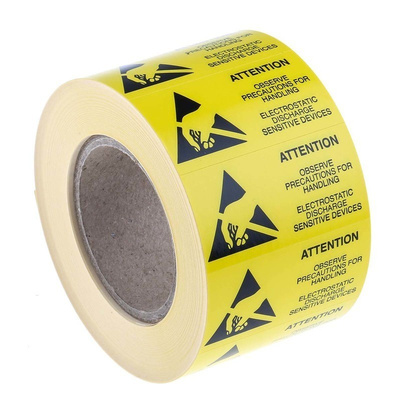 RS PRO Yellow Paper ESD Label, Attention-Text 45 mm x 25mm