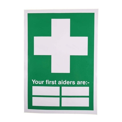 RS PRO Vinyl Green/White, Your First Aiders Are-Text, English First Aid Label, 210 x 297mm