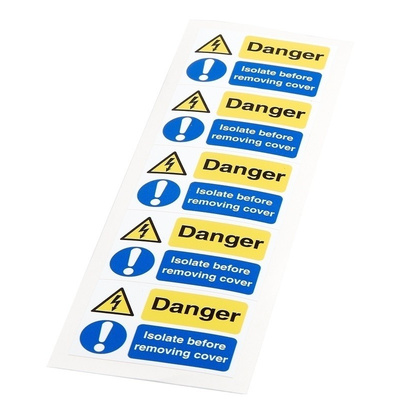 RS PRO Black/Blue/White/Yellow Vinyl Safety Labels, Danger Isolated Before Removing Cover-Text 40 mm x 60mm